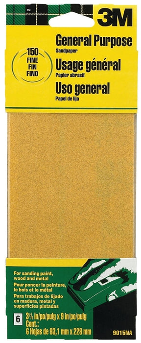 3M 9015 Sandpaper Sheet, 9 in L, 3.66 in W, Fine, 150 Grit, Aluminum Oxide Abrasive, Paper Backing