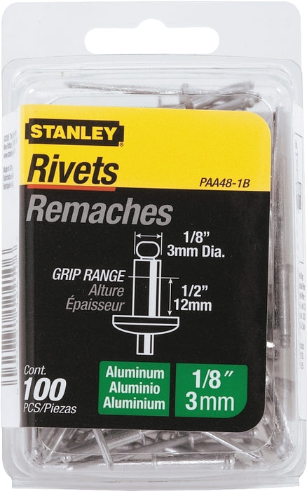 STANLEY PAA48-1B Pop Rivet, Reusable, 1-3/4 in L, Aluminum, 100/PK