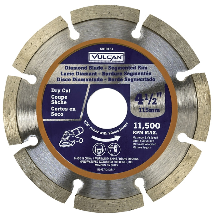 Vulcan 937421OR Diamond Blade, 4.5 in Dia, 7/8 in Arbor, Synthetic Industrial Diamond and 2% Cobalt Cutting Edge