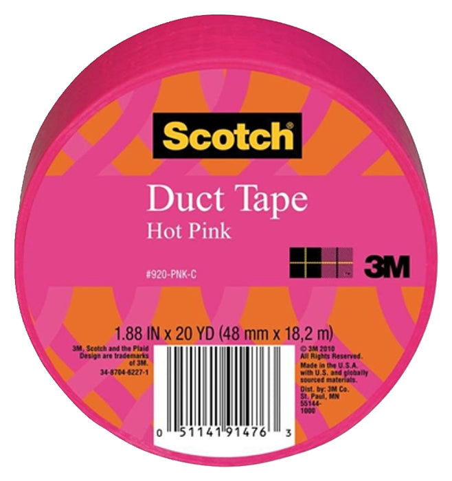 3M 920-PNK-C Duct Tape, 20 yd L, 1.88 in W, Cloth Backing, Hot Pink