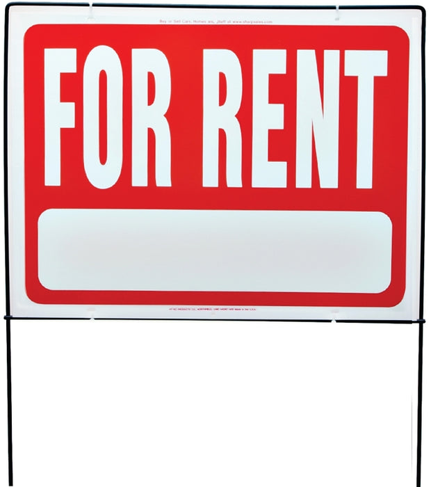 Hy-Ko RSF-603 Real Estate Sign, Rectangular, FOR RENT, White Legend, Red Background, Plastic