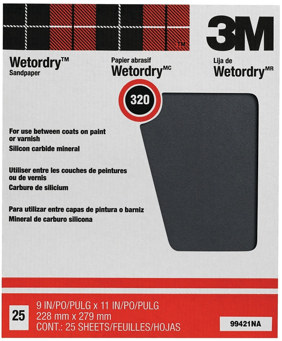 3M Wetordry 99421NA Sandpaper, 11 in L, 9 in W, Extra Fine, 320 Grit, Silicon Carbide Abrasive, Paper Backing