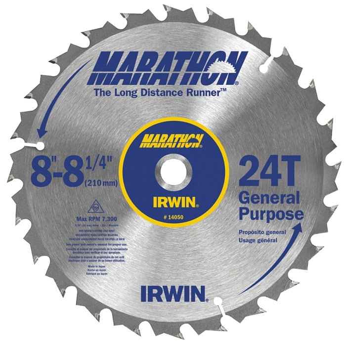 Irwin Marathon 14050ZR Table Saw Blade, 8-1/4 in Dia, 5/8 in Arbor, 24-Teeth, Carbide Cutting Edge