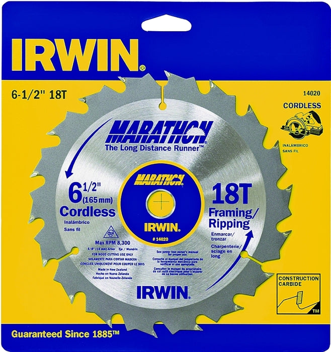 Irwin Marathon 14020 Circular Saw Blade, 6-1/2 in Dia, 5/8 in Arbor, 18-Teeth, Carbide Cutting Edge