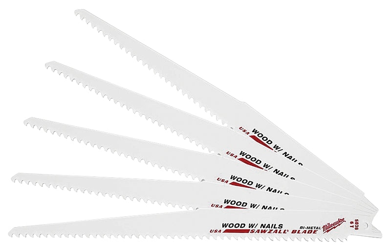 Milwaukee 48-00-5036 Reciprocating Saw Blade, Applicable Materials: Nail-Embedded Wood, 3/4 in W, 9 in L, 5 TPI