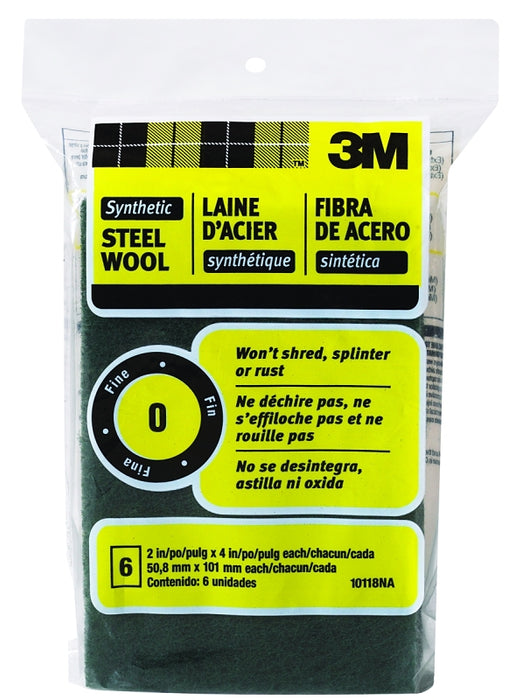 3M 10118 Steel Wool, 4 in L, 2 in W, #0 Grit, Fine, Green