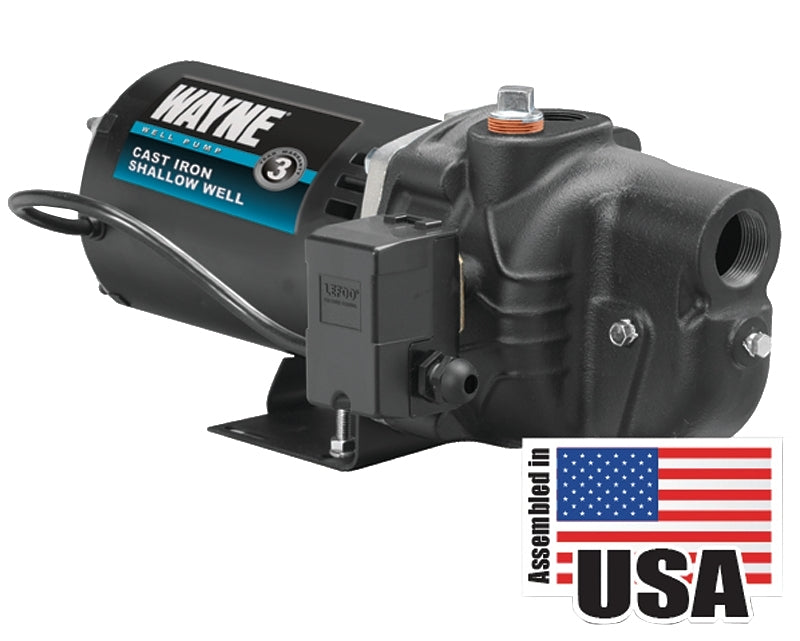 Wayne SWS50 Jet Pump, 120/240 V, 0.5 hp, 1-1/4 in Suction, 3/4 in Discharge Connection, 25 ft Max Head, 375 gph, Iron