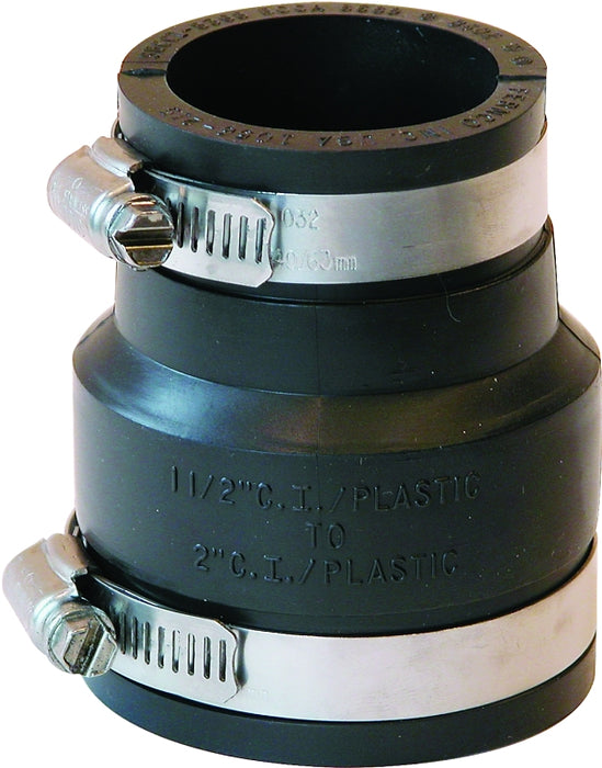 Fernco P1056-215 Flexible Coupling, 2 x 1-1/2 in, PVC, Black, 4.3 psi Pressure