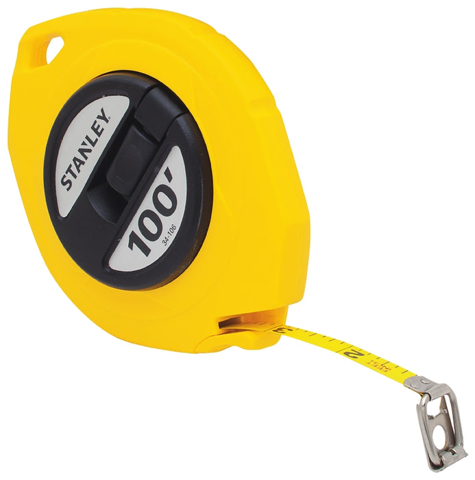 STANLEY 34-106 Measuring Tape, 100 ft L Blade, 3/8 in W Blade, Steel Blade, ABS Case, Yellow Case, 1/8 in Graduation