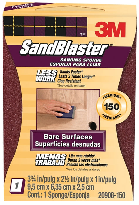 3M SandBlaster 20908-150 Sanding Sponge, 3-3/4 in L, 2-5/8 in W, 150 Grit, Medium, Aluminum Oxide Abrasive