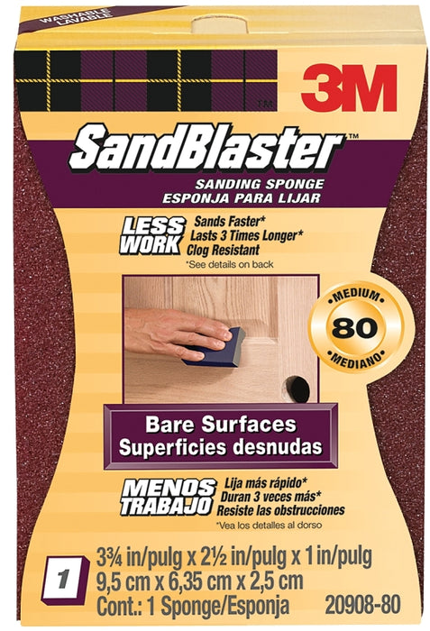 3M SandBlaster 20908-80 Sanding Sponge, 3-3/4 in L, 2-5/8 in W, 80 Grit, Medium, Aluminum Oxide Abrasive