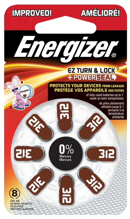 Energizer 312 AZ312DP-8 Hearing Aid Battery, 1.4 V Battery, 155 mAh, Zinc-Air