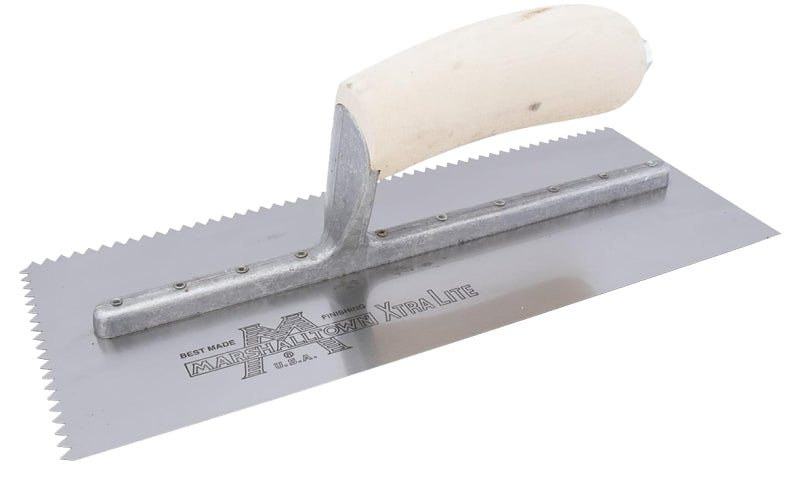 Marshalltown 701S Trowel, 5/32 in W x 7/32 in D Notch, 11 in L, 4-1/2 in W, V Notch, Curved Handle