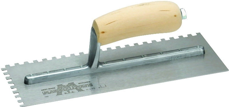 Marshalltown 702S Trowel, 1/4 in W x 1/4 in D Notch, 11 in L, 4-1/2 in W, Square Notch, Curved Handle, Wood Handle