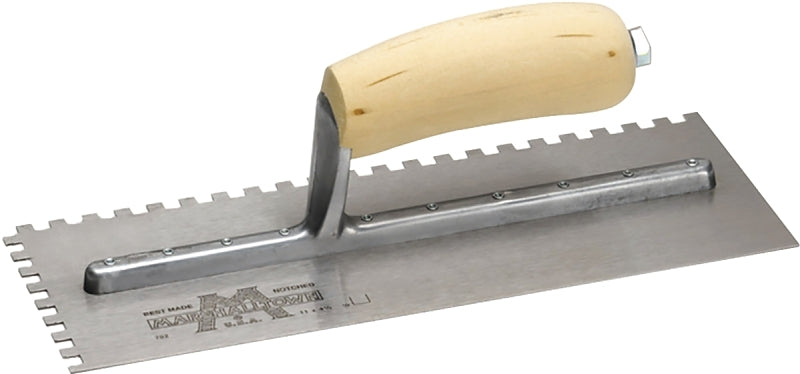 Marshalltown 703S Trowel, 3/16 in W x 1/8 in D Notch, 11 in L, 4-1/2 in W, Square Notch, Curved Handle