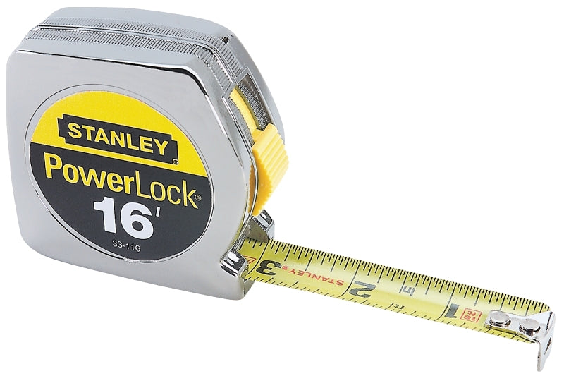 STANLEY 33-116 Measuring Tape, 16 ft L Blade, 3/4 in W Blade, Steel Blade, ABS Case, Chrome Case, 5 ft Standout