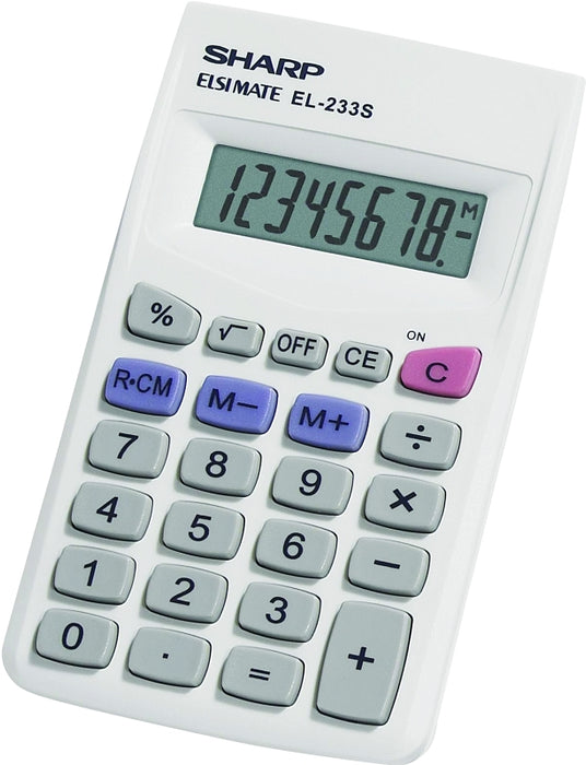 Sharp EL233SB Pocket Calculator, Battery, 8 Display, LCD Display, White