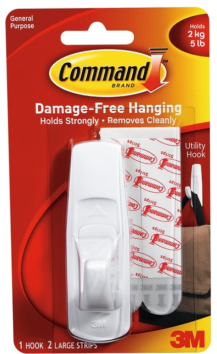 Command 17003 Utility Hook, 7/8 in Opening, 5 lb, 1-Hook, Plastic, White