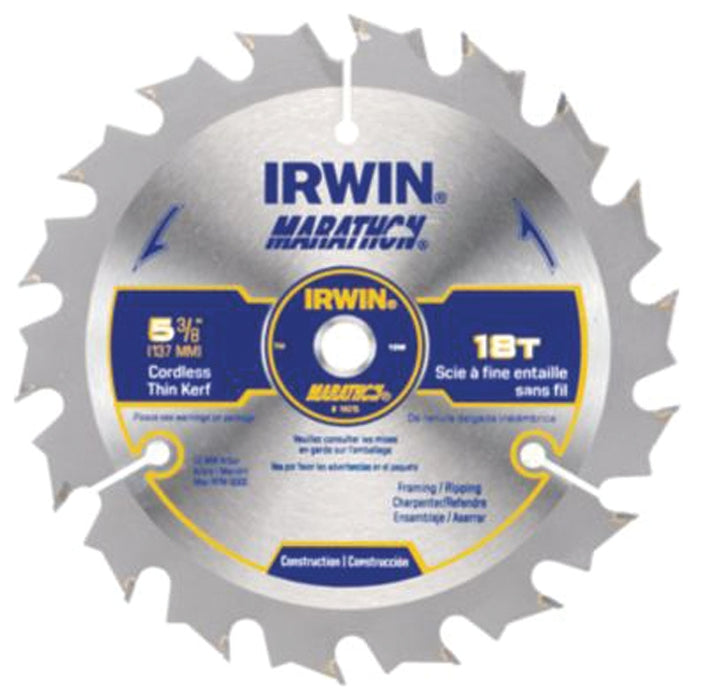 Irwin Marathon 14015 Circular Saw Blade, 5-3/8 in Dia, 0.39 in Arbor, 18-Teeth, Carbide Cutting Edge