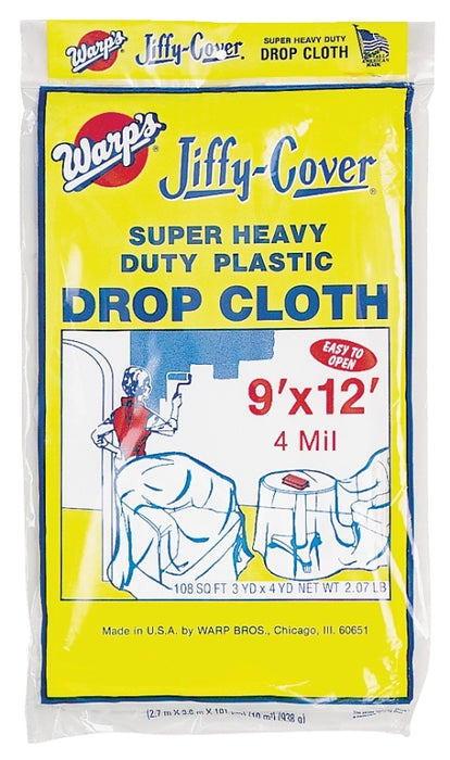 Warp's 4JC-912 Drop Cloth, 4 mil Thick, 12 ft L, 9 ft W, Plastic, Clear