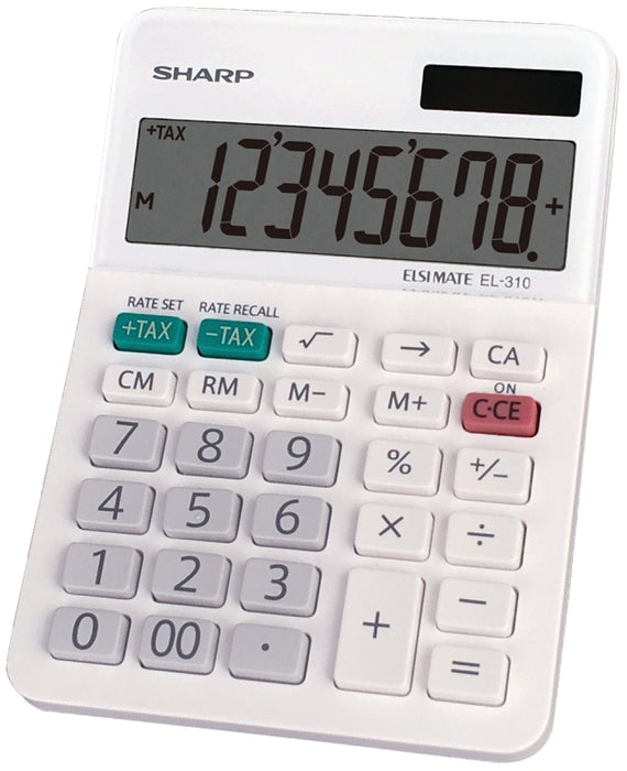 Sharp EL310WB Mini Desktop Calculator, Battery, 8 Display, LCD Display, White