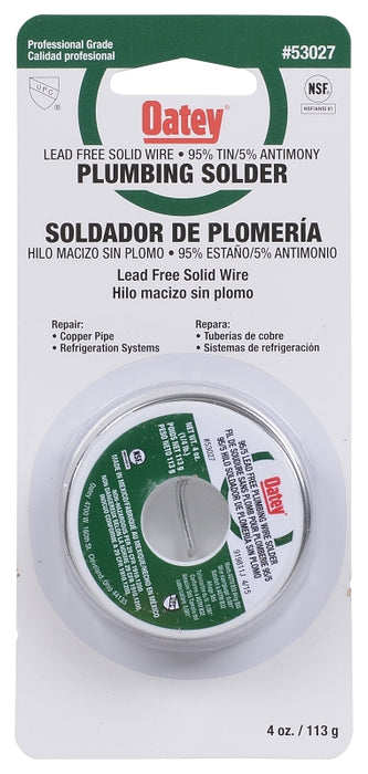 Oatey 53027 Plumbing Wire Solder, 1/4 lb Carded, Solid, Silver, 450 to 464 deg F Melting Point