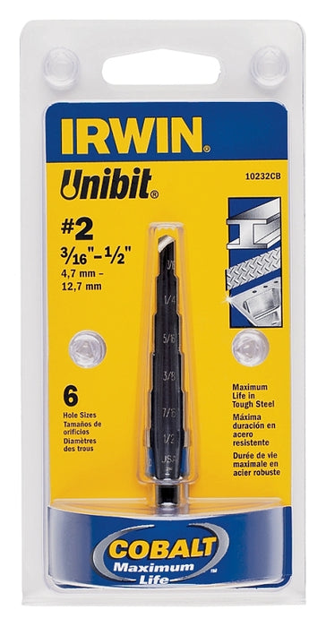 Irwin Unibit 10232 Step Drill Bit, 3/16 to 1/2 in Dia, 1-Flute, 1/4 in Dia Shank, Hex Shank