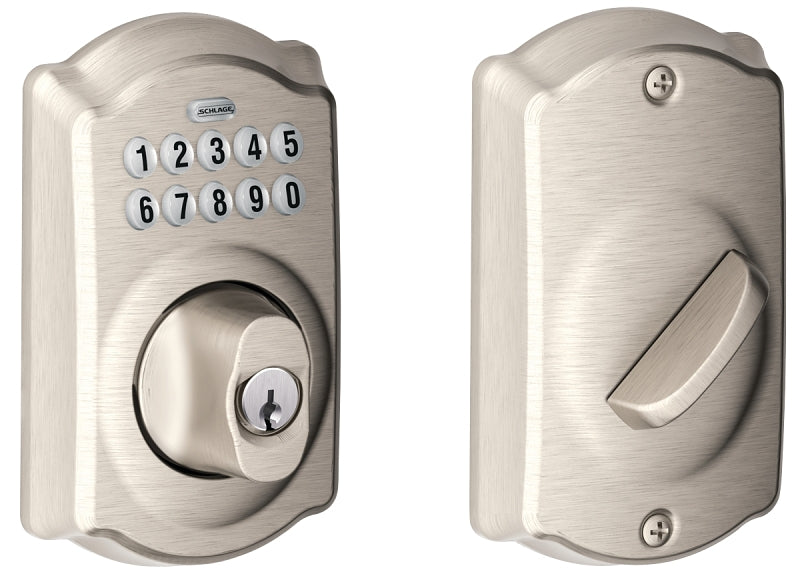 Schlage BE365VCAM619 Electronic Deadbolt, Satin Nickel, Residential, 1 Grade, Metal, Turn Piece Interior Handle