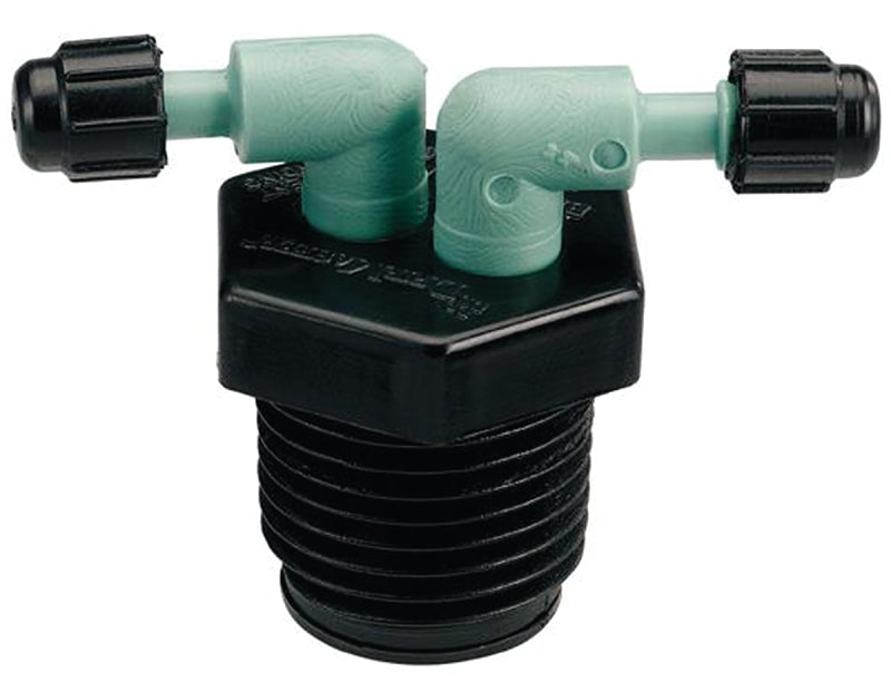 Orbit 67035 Manifold, 1/2 x 1/4 in Connection, Female Thread x Barb, 2 -Port, 1/4 in Tubing, Plastic, Black