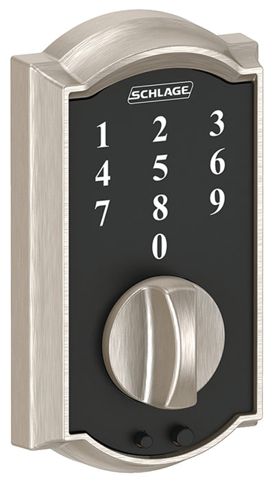 Schlage BE375 CAM 619 Electronic Deadbolt, Satin Nickel, Residential, 1 Grade, Metal, Thumbturn Interior Handle