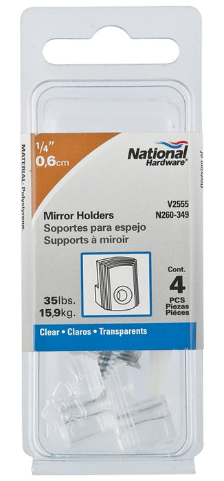 National Hardware V2555 Series N260-349 Mirror Holder, 35 lb, Plastic, Clear, Wall Mounting, 4/PK