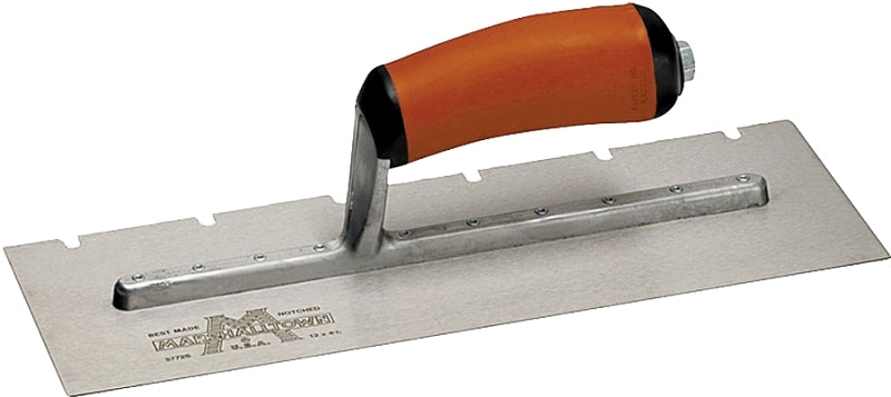 Marshalltown 776SD Trowel, 1/4 in W x 3/8 in D Notch, 11 in L, 4-1/2 in W, Square Notch, Curved Handle