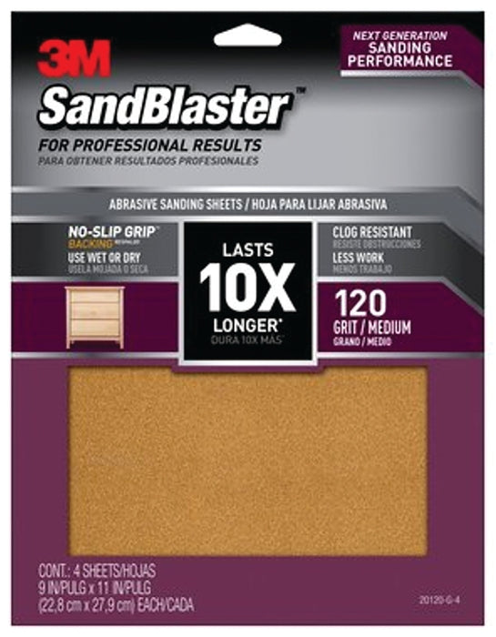 3M SandBlaster Series 20120-G-4 Sandpaper, 11 in L, 9 in W, 120 Grit, Medium, Aluminum Oxide Abrasive