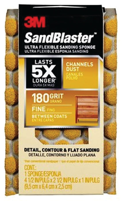 Scotch 20907-180-UFS Sanding Sponge, 4-1/2 in L, 2-1/2 in W, 180 Grit, Fine, Aluminum Oxide Abrasive