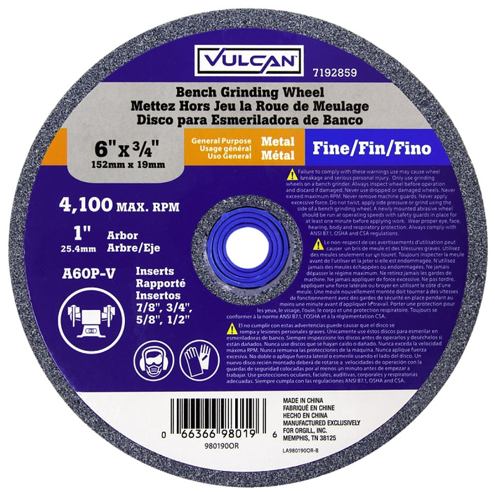 Vulcan 980190OR Straight Bench Grinding Wheel, 6 in Dia, 1 in Arbor, 60 Grit, Fine, Aluminum Oxide Abrasive