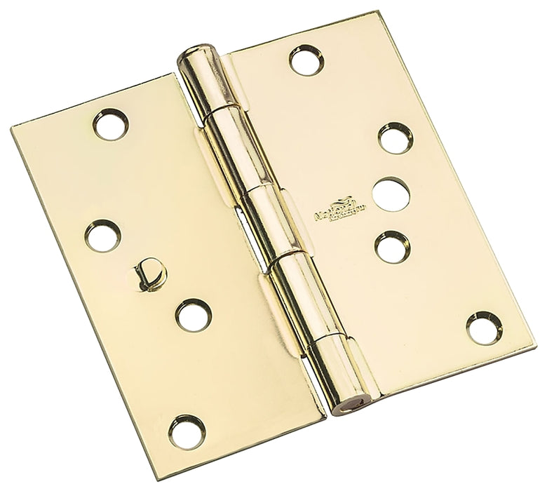 National Hardware 512 Series N830-401 Door Hinge, 4 in H Frame Leaf, Steel, Bright Brass, Flush, Removable Pin, 55 lb