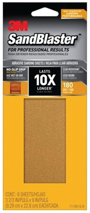 3M SandBlaster Series 11180-G-6 Sandpaper, 9 in L, 3-2/3 in W, 180 Grit, Medium, Synthetic Mineral Abrasive