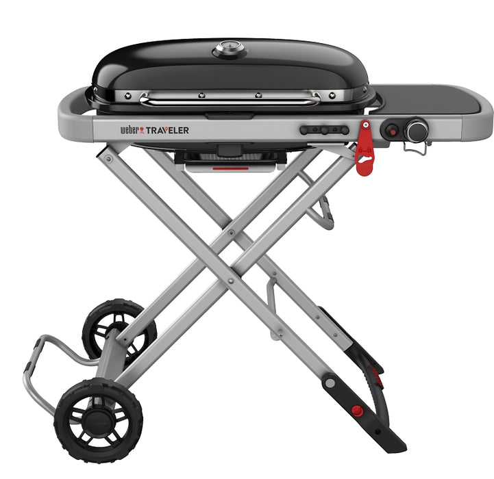 Weber Traveler 9010001 Portable Gas Grill, 13,000 Btu/hr, Liquid Propane, 1-Burner, Side Shelf Included: Yes