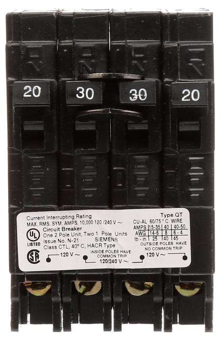 Siemens Q22030CT Circuit Breaker, Triplex, 20 to 30 A, 3 -Pole, 120/240 V, Plug Mounting