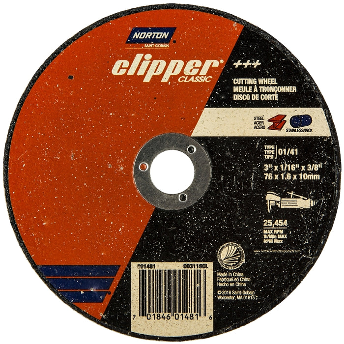 Norton Clipper Classic A AO Series 70184601481 Cut-Off Wheel, 3 in Dia, 1/16 in Thick, 3/8 in Arbor