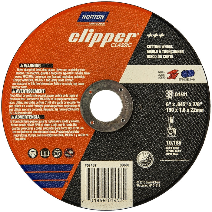 Norton Clipper Classic A AO Series 70184601457 Cut-Off Wheel, 6 in Dia, 0.045 in Thick, 7/8 in Arbor, 1/EA