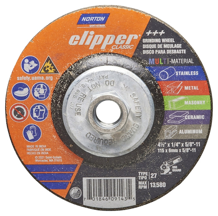 Norton Clipper Classic AC AO/SC Series 70184609143 Grinding Wheel, 4-1/2 in Dia, 1/4 in Thick, 5/8-11 Arbor