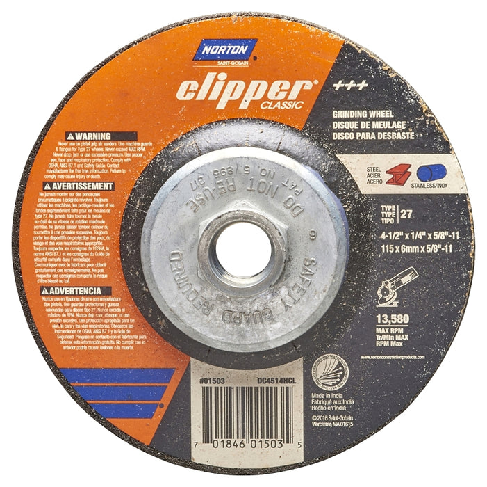 Norton Clipper Classic A AO Series 70184601503 Grinding Wheel, 4-1/2 in Dia, 1/4 in Thick, 5/8-11 Arbor