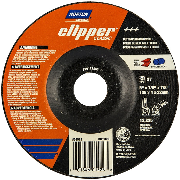 Norton Clipper Classic Series 70184601528 Grinding Wheel, 5 in Dia, 1/8 in Thick, 7/8 in Arbor