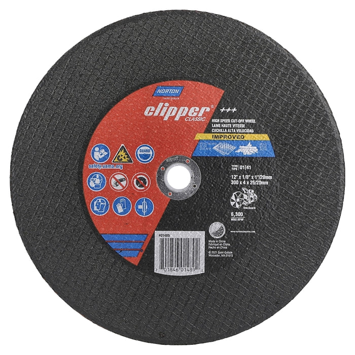 Norton Clipper Classic 70184601489 Cut-Off Wheel, 12 in Dia, 1/8 in Thick, 1 in Arbor, Aluminum Oxide Abrasive