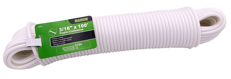 Baron 52604 Clothesline, 3/16 in, 100 ft L, Plastic, White