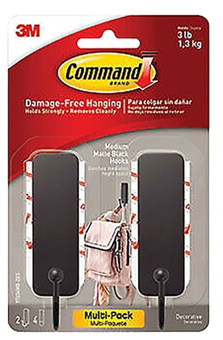 Command 17034MB-2ES Medium Hook, 3 lb, 1-Hook, Plastic, Black, Matte