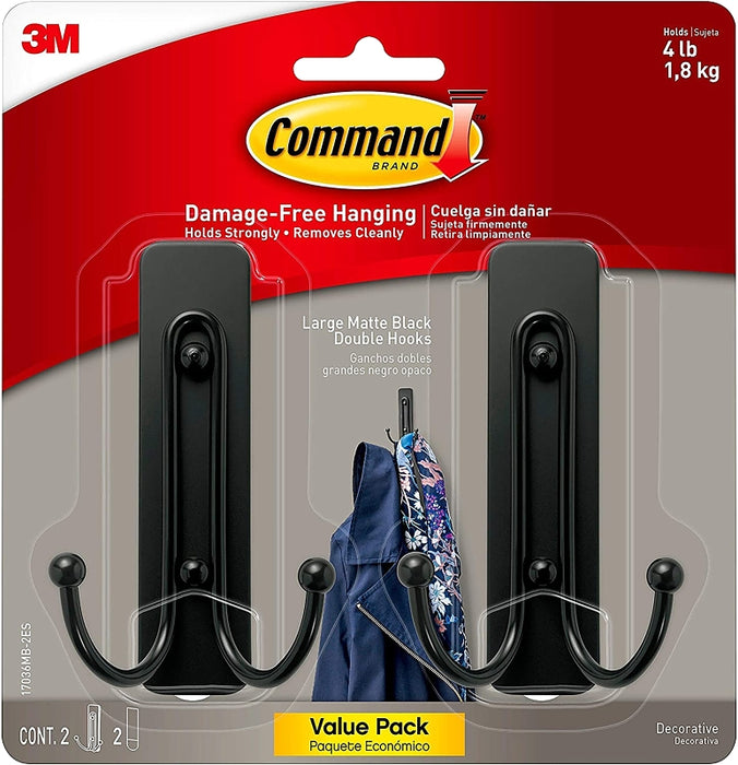 Command 17036MB-2ES Large Decorative Hook, 4 lb, 2-Hook, Metal/Plastic, Matte Black