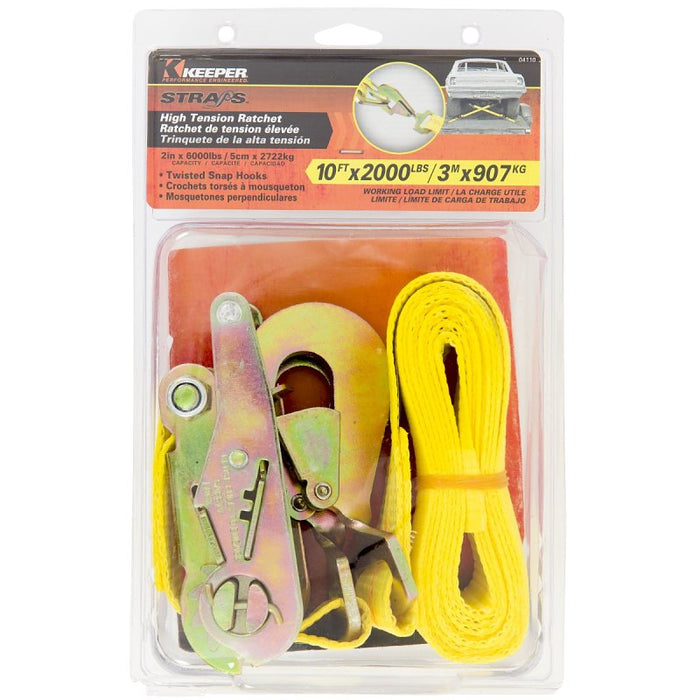 Keeper 04110 Tie-Down, 2 in W, 10 ft L, Hi-Test Webbing, Yellow, 2000 lb, Twisted Snap Hook End Fitting