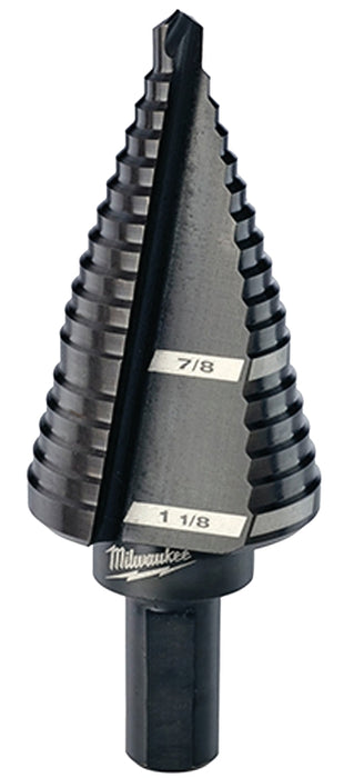 Milwaukee 48-89-9209 Step Drill Bit, 7/8 to 1-1/8 in Dia, 2-61/64 in OAL, 2-Flute, 3/8 in Dia Shank, Flat Shank